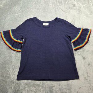 Anthropologie Ella Mara Top Small Blue Rainbow Ruffle Tiered Sleeve Boho Blouse